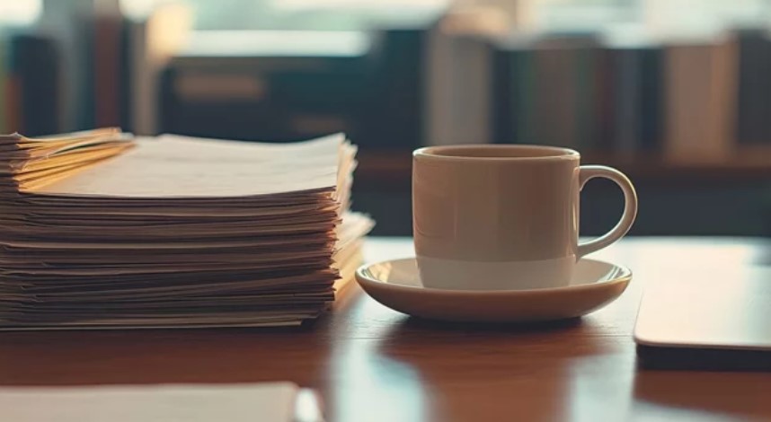 Coffee and pile of papers