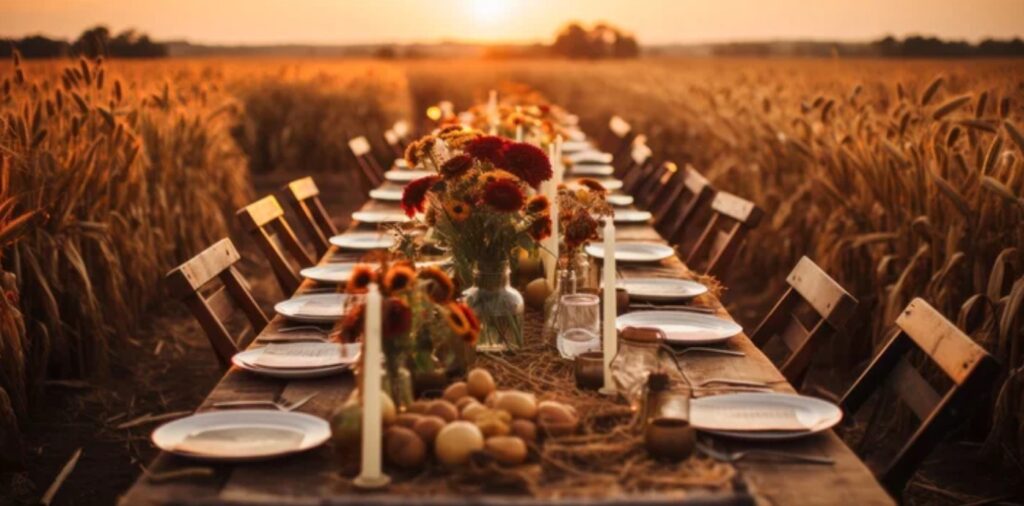 Long table in a field of wheat