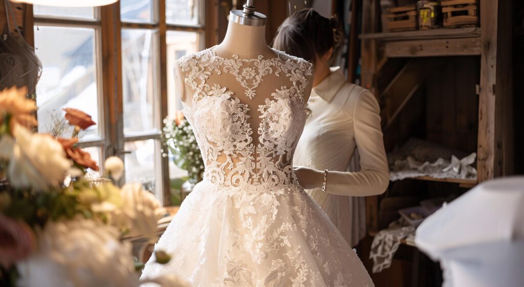 ai generated, dressmaker, wedding dress, lace, mannequin, studio, craftsmanship, adjustment, bridal, fashion, sewing, tailoring, design, fabric, garment, handicraft, artisan, fitting, seamstress, workshop, intricate, bridal gown, creation, textile, dressmaking