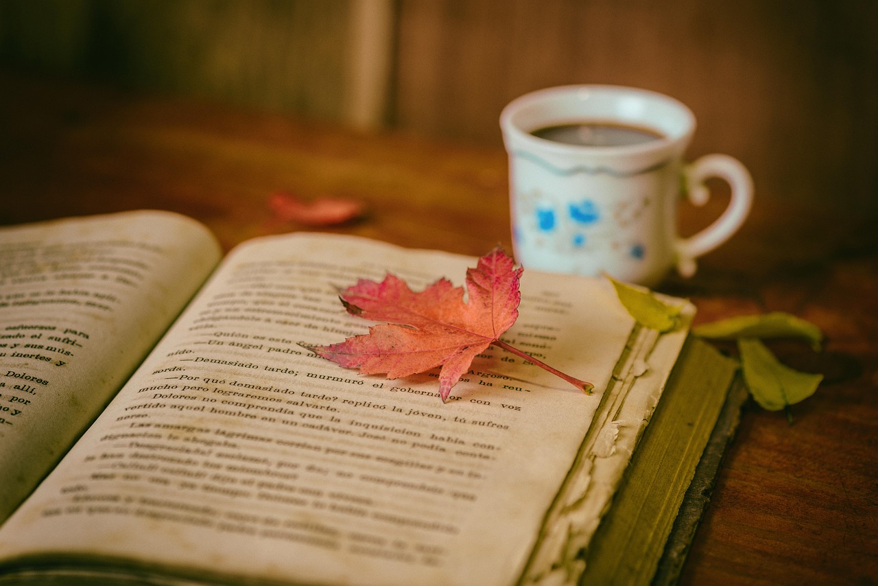 leaves, coffee, cup, still life, book, nature, reading, leisure, hobby, coffee cup, read, open book, bookworm