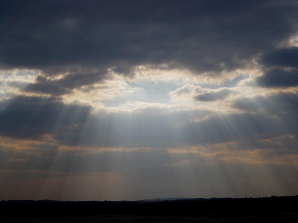 clouds, dense, dark, edging, gilt, sunlight, rays, nature, breaking through, radiating