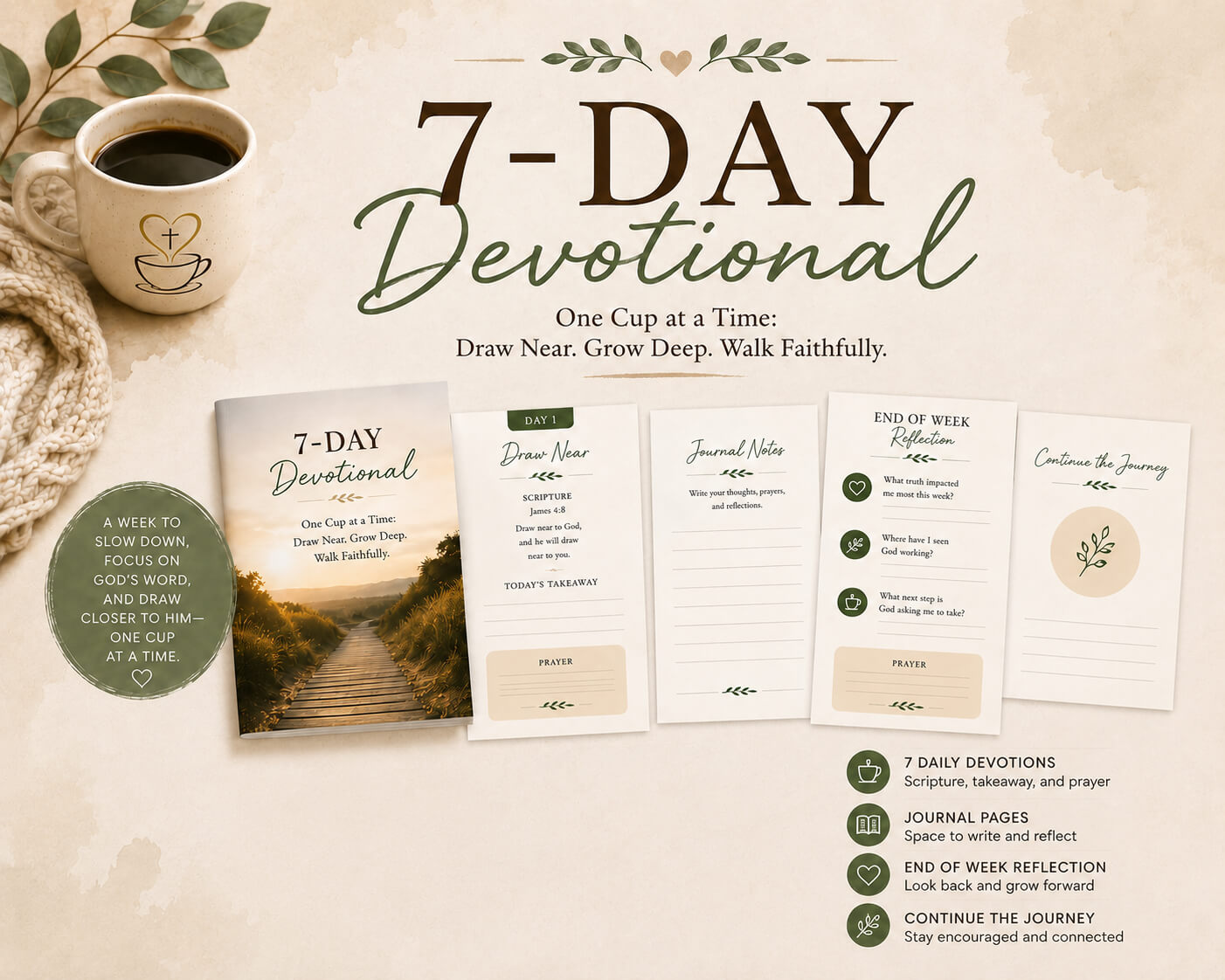 7-Day Devotional: One Cup at a Time: Draw Near. Grow Deep. Walk Faithfully. A week to slow down, focus on God's word. And draw closer to him - one cup at a time. 7 Daily Devotions - Scripture, takeaway, and prayer. Journal Pages - space to write and reflect. End of week reflection - look back and grow forward. Continue the Journey - stay encouraged and connected