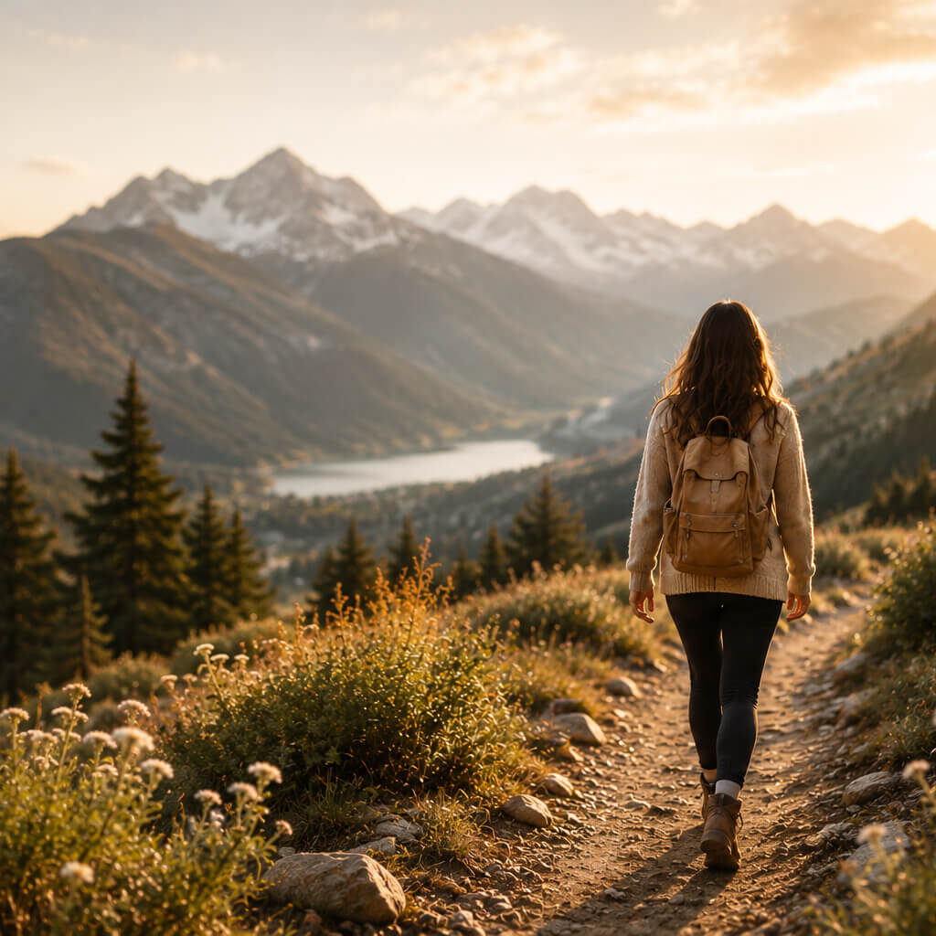 Woman walking out in a mountain path